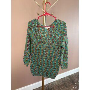 Women's Oversized S/M Blue Green Knitted Sweater Y2K Soft Low Neck Bishop Sleeve